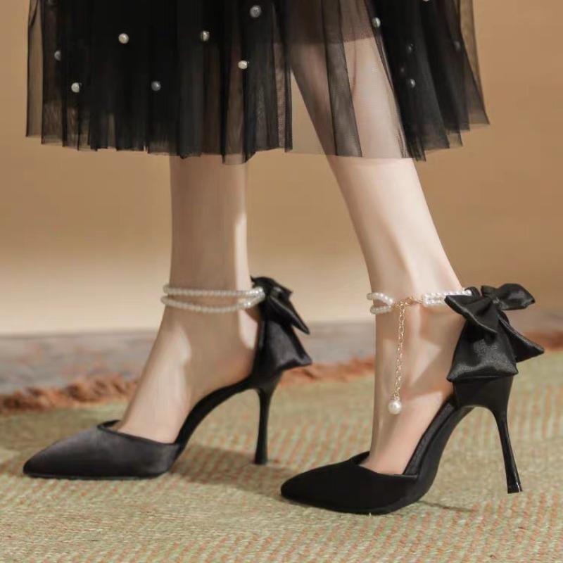 New Women Thin Heel Hollow Sandals Woman Pearl Butterfly Pointed Toe High Heels Pumps Womens Drees Shoes Wedding Shoes