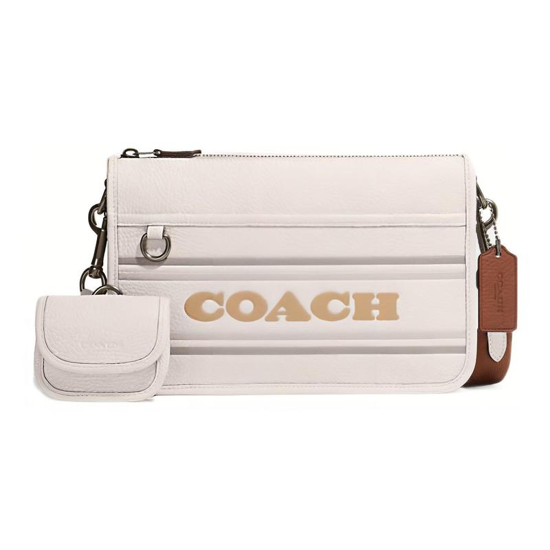 COACH Heritage 25 Striped Zipper Closure Calf Leather Shoulder Bag Crossbody Bag Medium Women s White белый