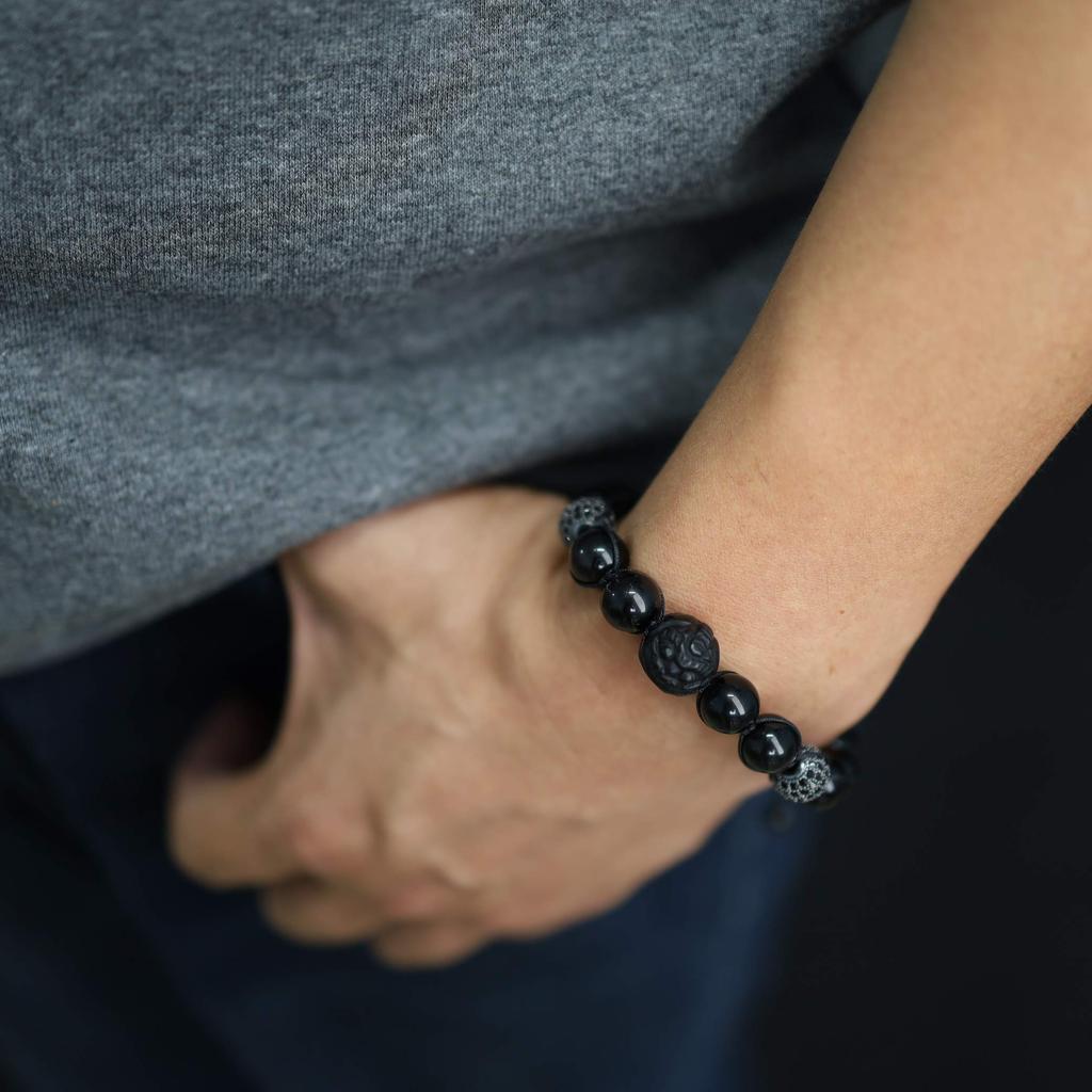 Koai Pixiu Carved Obsidian CZ Diamond Power Stone Bracelet for Good Luck and Adjustable Prayer Beads Evil, Length, Men's