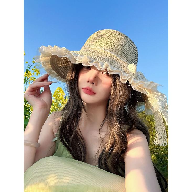 Lace Bowknot Sunshade Straw Hat for Women, Summer Country Style Wide Brim Sun Protection Hat for Travel, Vacation, and Beach