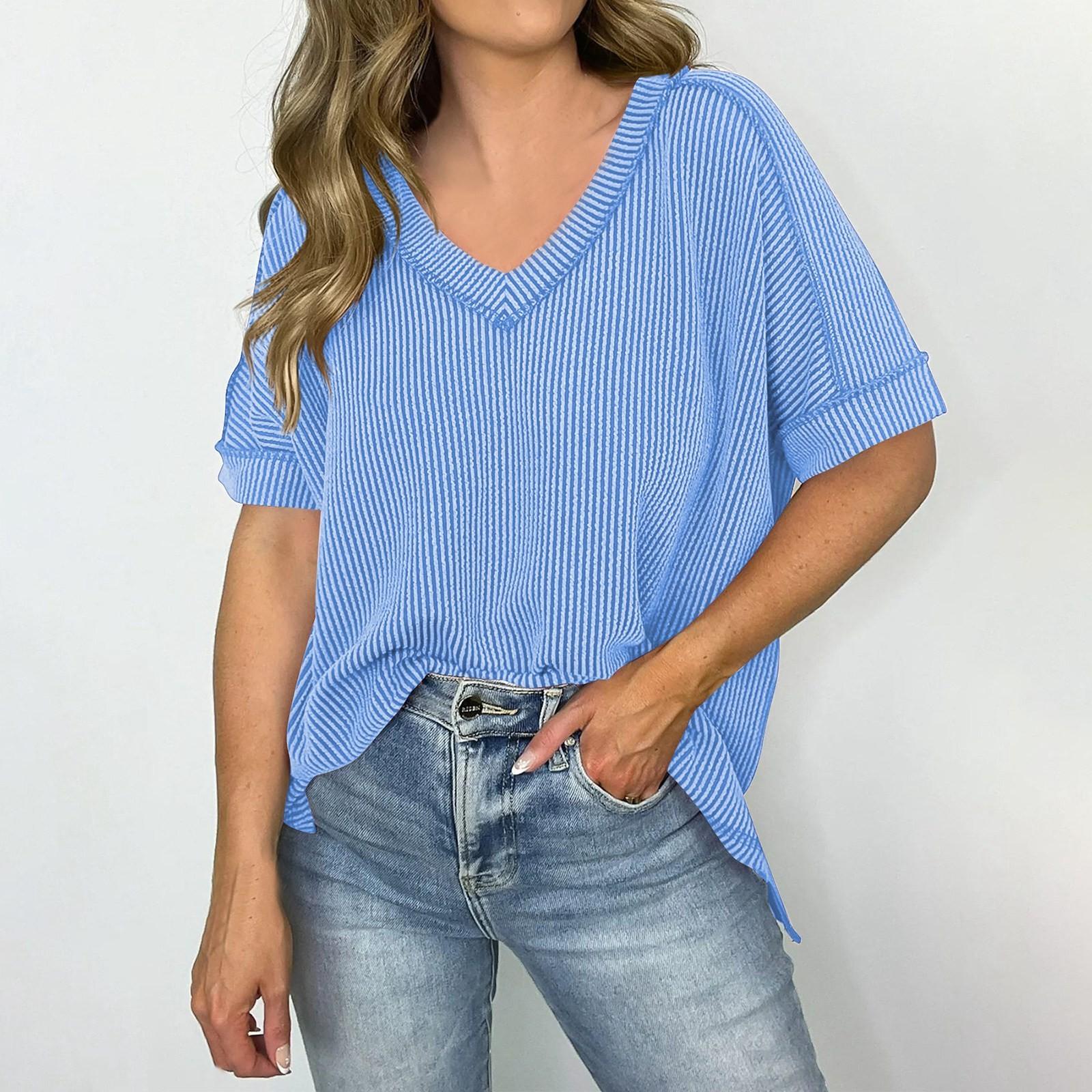 

Женская мода однотонный V-образный вырез с короткими рукавами пуловер повседневная футболка топ XXL небесно-голубой