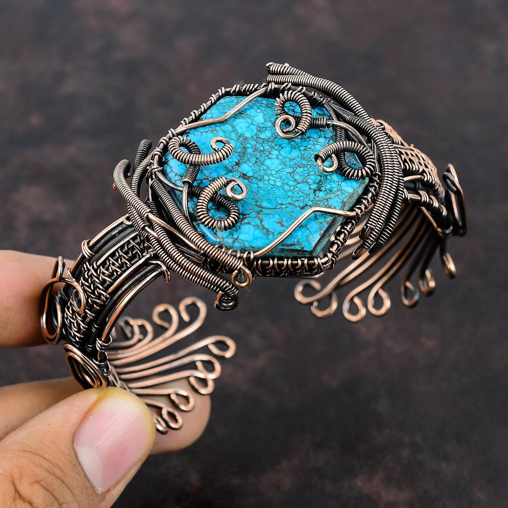 Tibetan Turquoise Copper Wire Wrapped Bangle Adjustable Cuff Bracelet High Quality Gemstone Bangle Handmade Copper Wire Jewelry Gift For Her