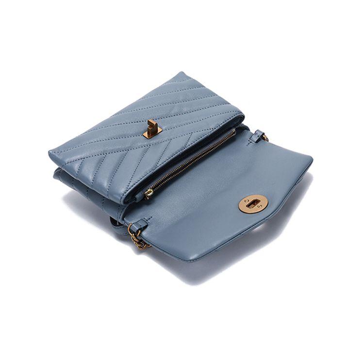 Tory Burch TB Kira Quilted Twill Double Layer Chain Leather Crossbody Wallet Shoulder Bag Women Bags Rain-Blue 64068-494