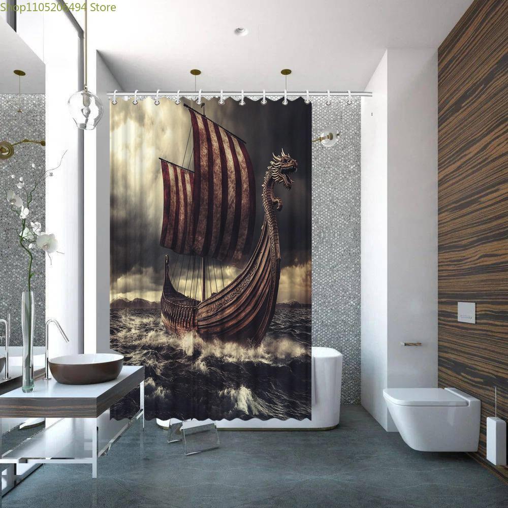 1pc Mythical Viking Dragon Ship Shower Curtain - Realistic Stormy Seas Fantasy Art with Red & White Striped Sails, Durable Pol