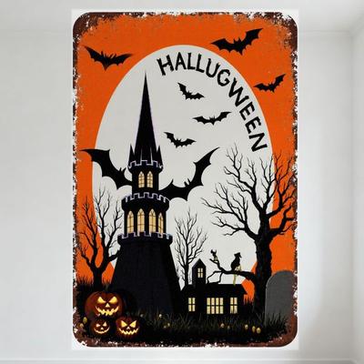 Vintage Halloween Metallskylt Rostig Väderbiten Spöklik Scen Slott Fladdermöss Pétablir Jack-o'-lanterner Hemma Väggdekor Tennskylt för Bar