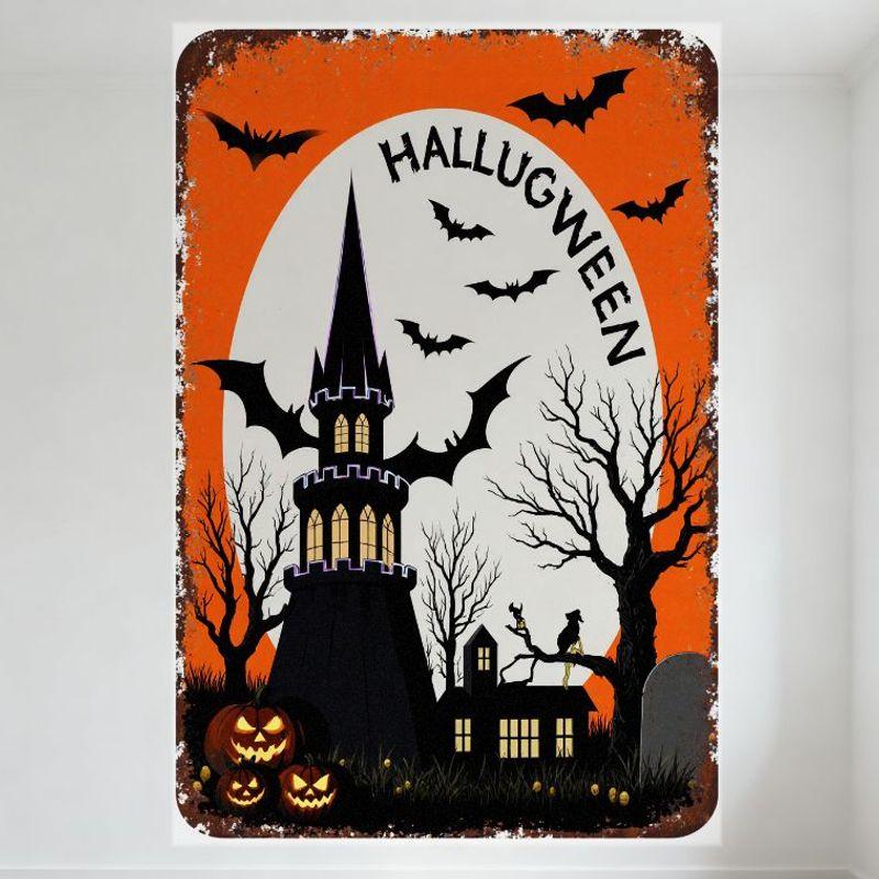 Vintage Halloween Metal Sign Rusty Weathered Spooky Scene Castle Bats Pumpkins Jack-O -Lanterns Home Wall Decor Tin Sign for Bar 20x30cm(7.8x11.8inch)