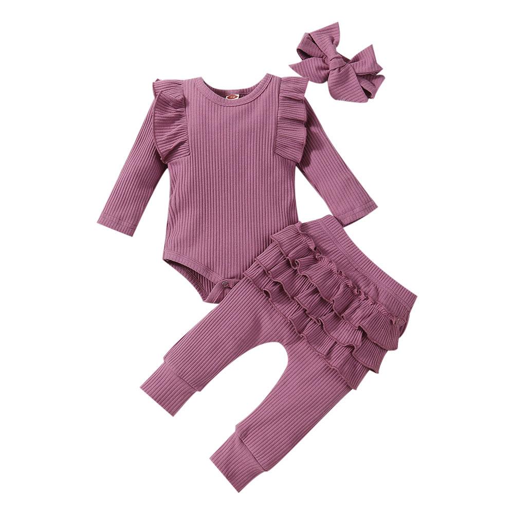 Autumn 2023 Baby Girl Ribbed Ruffle Bodysuit & Pants Set with Bow