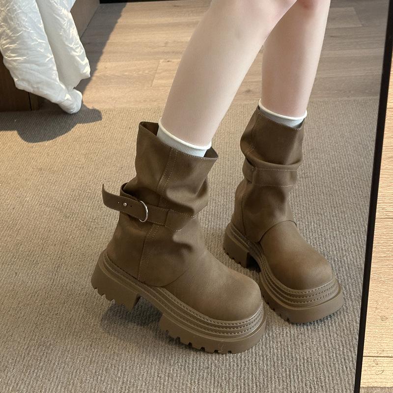 Retro platform knight boots women's foreign style outer wear 2025 autumn new Korean version one-pedal round head platform short boots