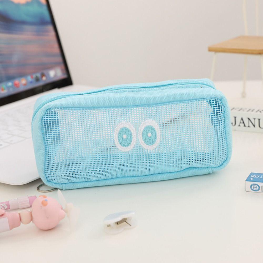 Ins Big Eyes Mesh Pencil Case Cartoon Makeup Pouch Pen Pouch  Office School Organizer