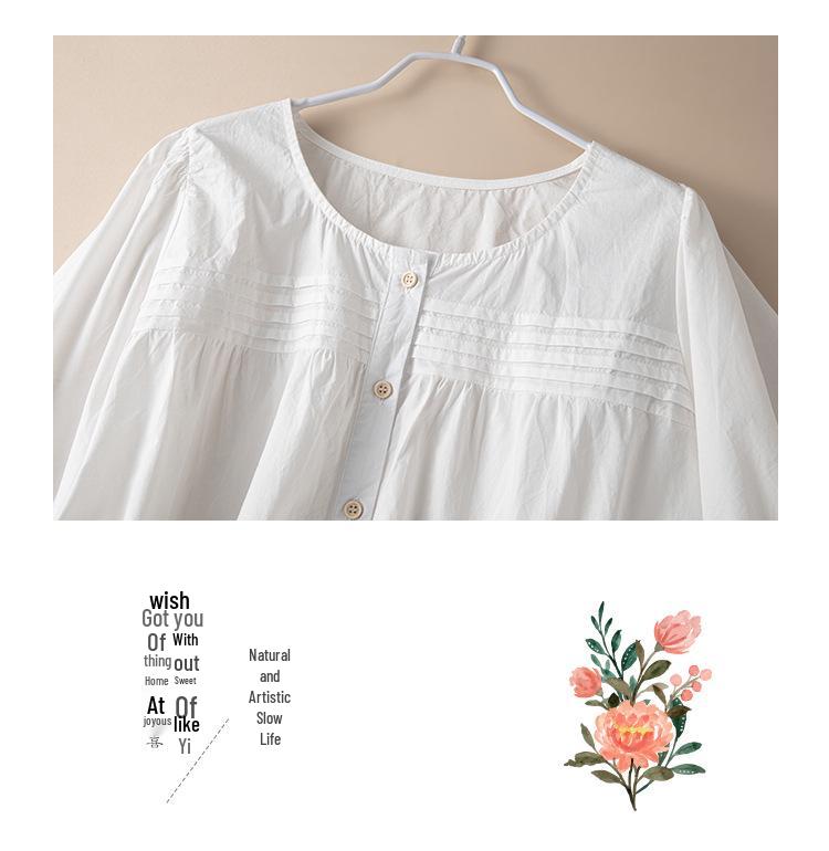 White Puff Sleeve A-line Top for Women - Korean Style, Summer 2026, Round Neck, Accordion Pleats