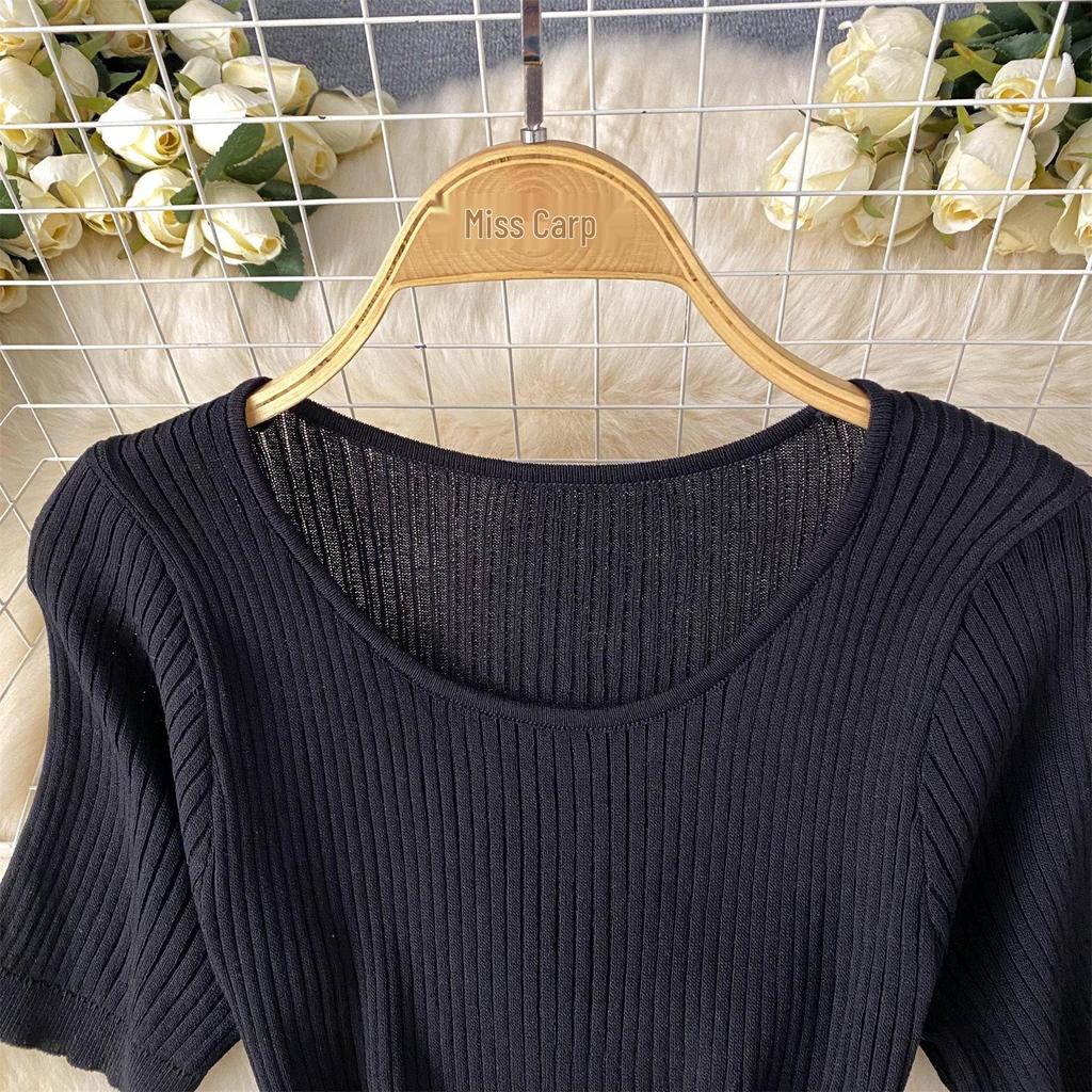 Francuska Sukienka Letnia Damska High-End z Dzianiny Jedwabiu Lodowego z Siateczkowymi Wstawkami: Spódnica A-line średniej długości podkreślająca talię