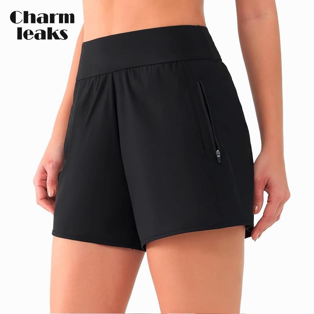 CHARMLEAKS Women's 3" High Waisted Swim Shorts with Zipper Pockets Quick Dry Board Shorts Swimsuit Bottoms Built-in Brief