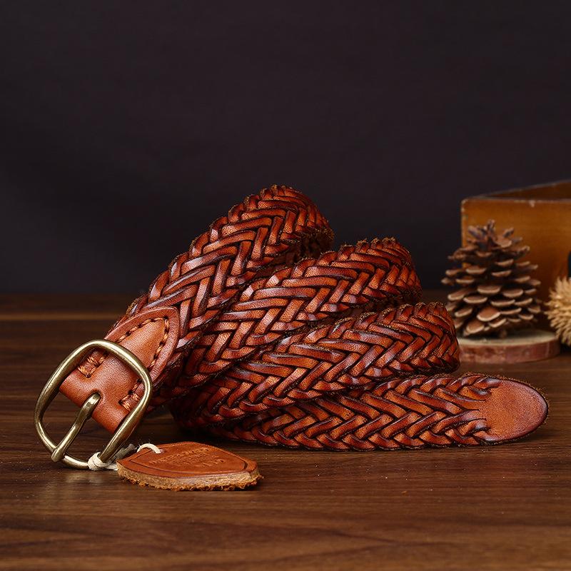New Leather Copper Buckle Handwoven Belt Women'S Leather First Layer Cowhide Versatile Retro Woven Jeans Belt