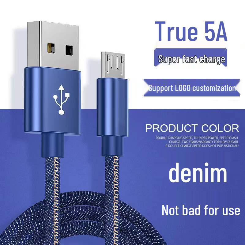 

Spot USB Denim Charging Cable for Apple & Type-C Phones, Available in 1/2/3 Meters. 3A Android - Blue