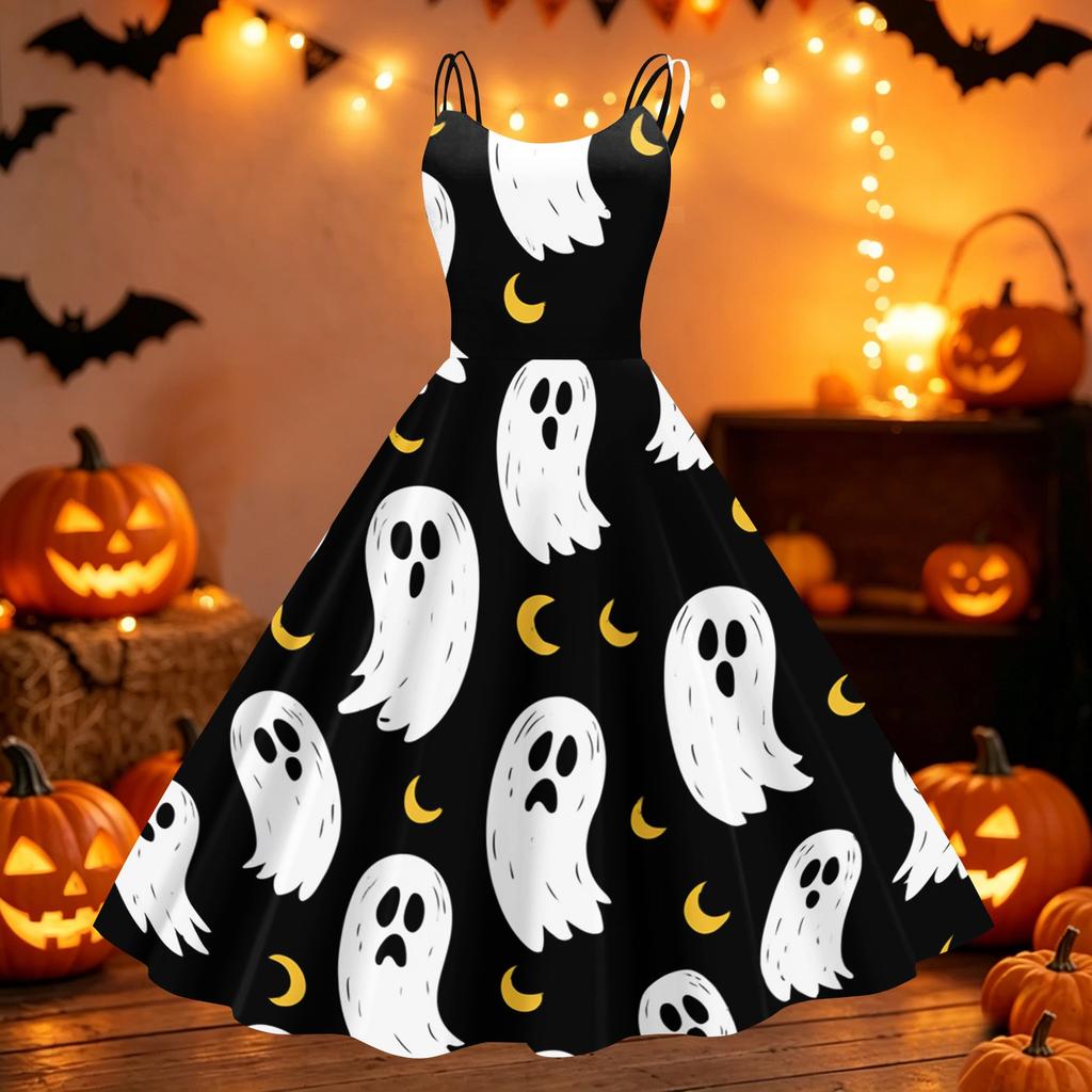 Womens Halloween Print Off Shoulder Dress Vintage Punk Party Dress Flared Skirt Sleeveless A Line Dress