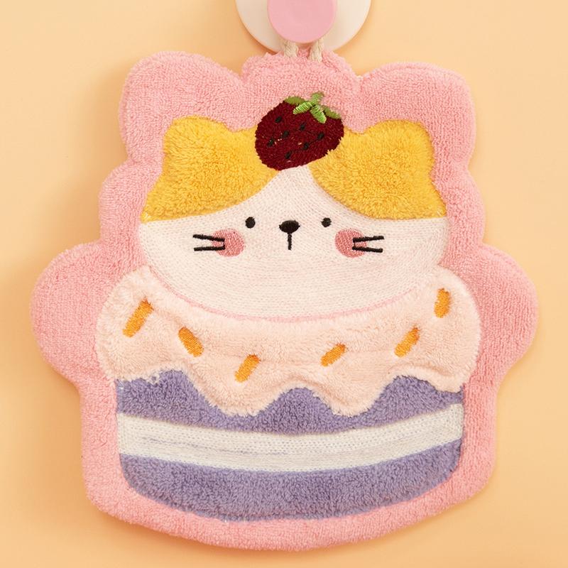 Cake Animal Embroidery Hand Towel Hanging Coral Fleece Towel for Kitchen & Bathroom Cat