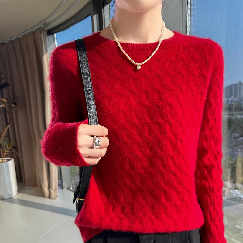 Women's Cashmere Sweater - Autumn Winter Solid Color Jacquard Round Neck Loose Knit
