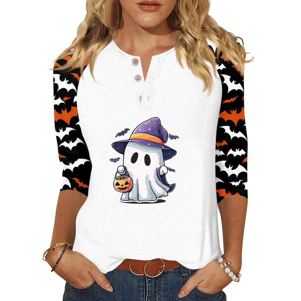 Dámské tričko Halloweenský potisk Knoflík 3/4 rukáv Denní Víkendová Móda Základní V-výstřih Běžný Top