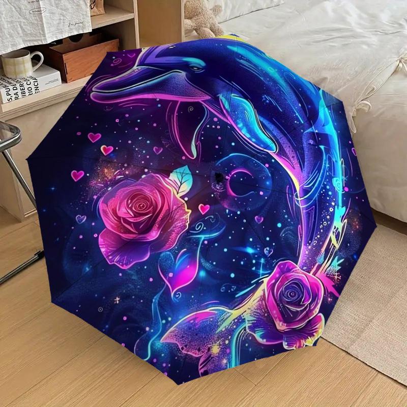 1pc Neon Dolphins Roses Heart Umbrella with Plastic Handle,Suitable for All Seasons Home Travel Outdoor UmbrellaDD420