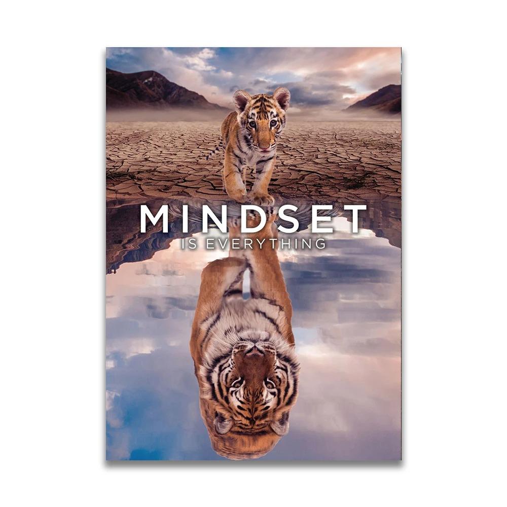 1pc frameless Canvas MINDSET IS EVERYTHING Motivational Poster Lion Tiger Wolf Animal Wall Art Canvas Print fo