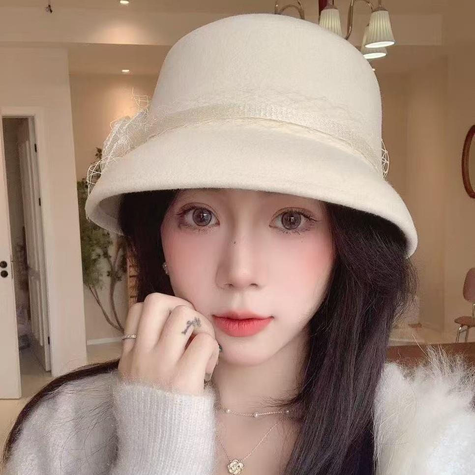 French Romantic Wool Top Hat Women's Autumn and Winter Thermal Basin Hat Celebrity Elegant Felt Hat Hepburn Wind Bucket Hat Lampshade Hat