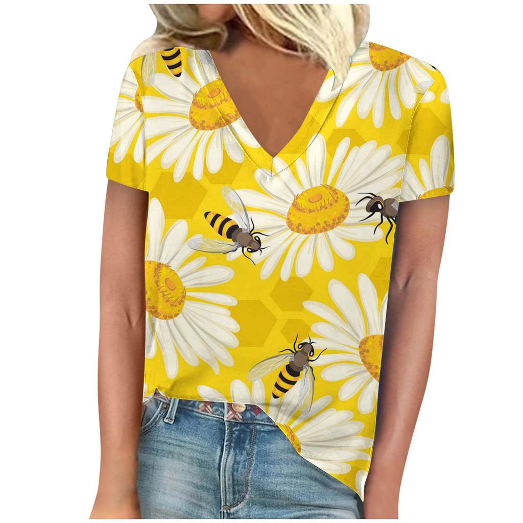 vintage women bee print t shirt short sleeve v neck tops comfortable t-shirts