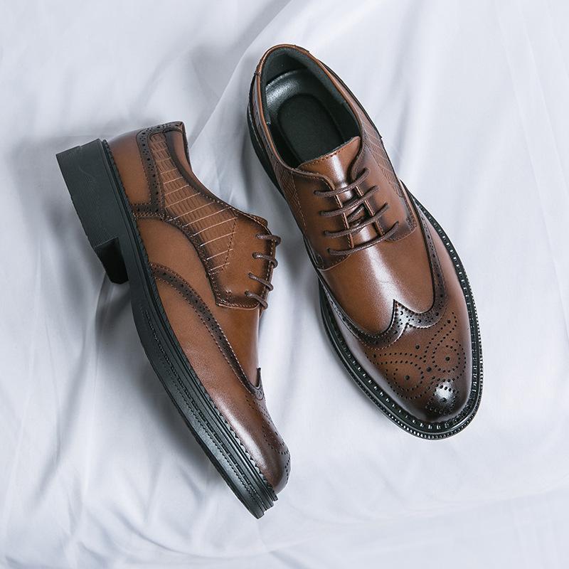 Brown Leather Shoes Autumn Brock Business Derby Shoes Height Up Casual British Soft-soled Wedding Groom Shoes