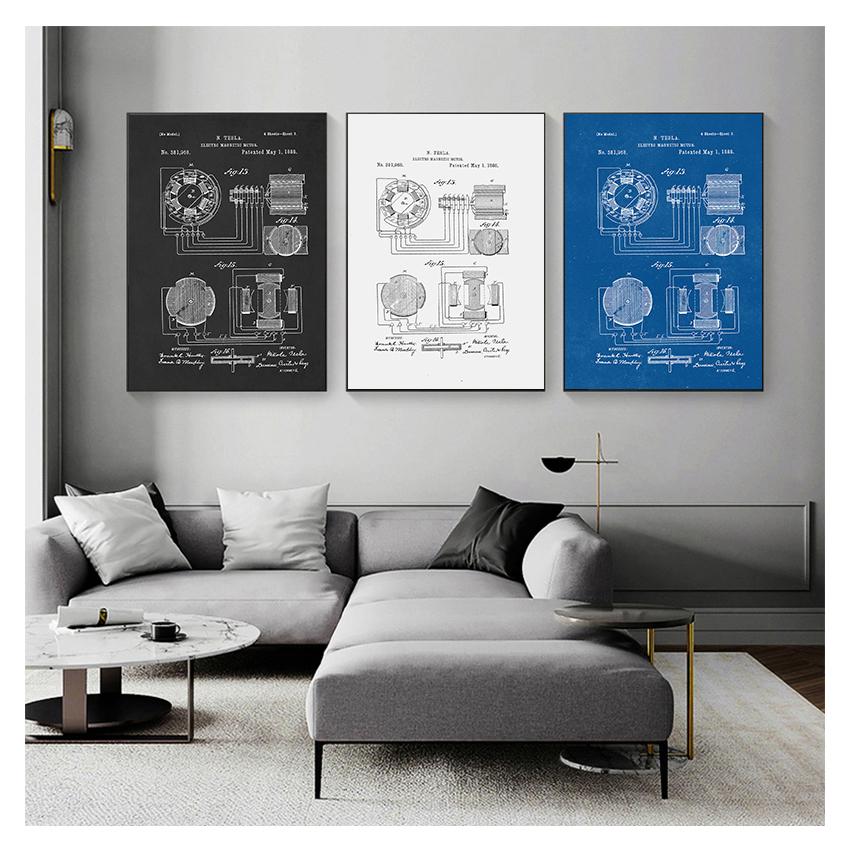 Vintage Posters and Prints Artwork Magnetic Motor Wall Art Canvas Painting Gift Home Decor Nikola Tesla Motor Patent Blueprint