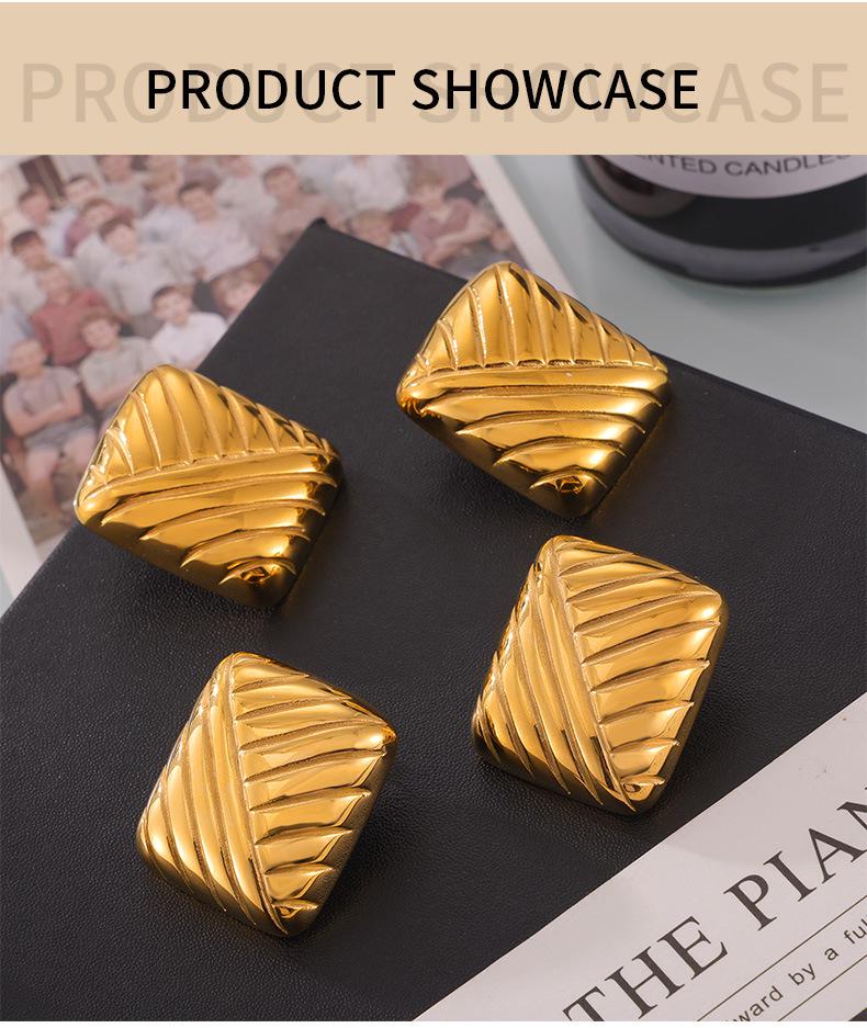 18K Gold-Plated Titanium Steel Striped Earrings - Simple European & American Style, Non-Fading Design