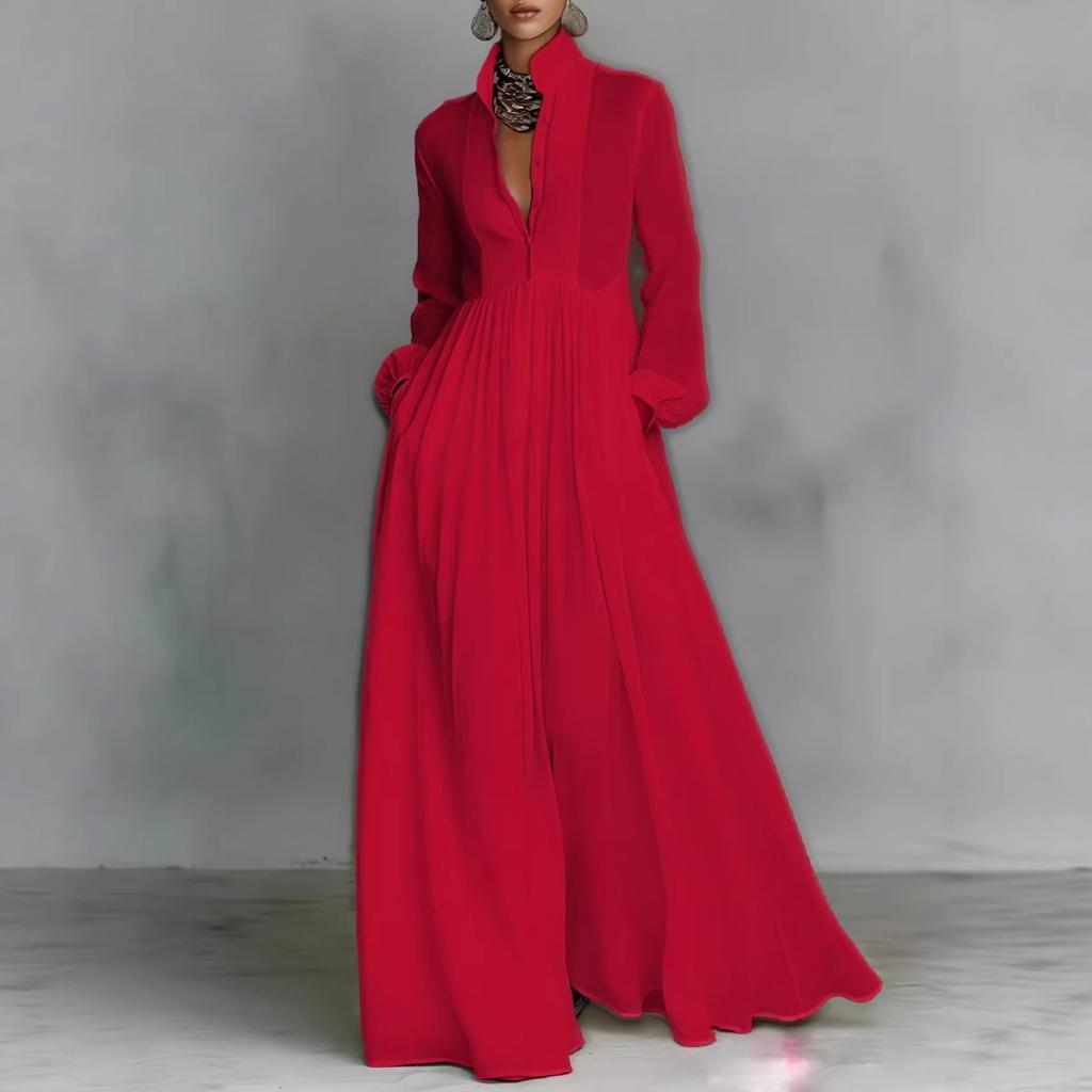 Abito Pieghettato a Vita Alta Sottile a Maniche Lunghe Stile Europeo e Americano Francese Temperamento Elegante Retro Casual Stile Vacanza