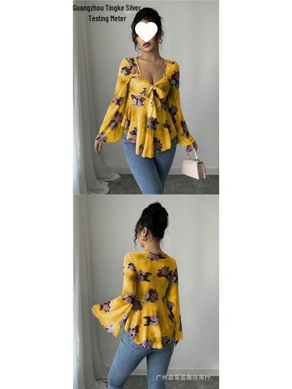 European Floral Gradient Tie-Up Square Neck Long Sleeve Shirt
