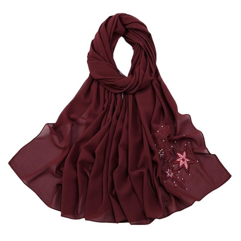 Malaysia and Indonesia hot-selling new chiffon embroidery hot diamond solid color headscarf women, simple and versatile large size long towel