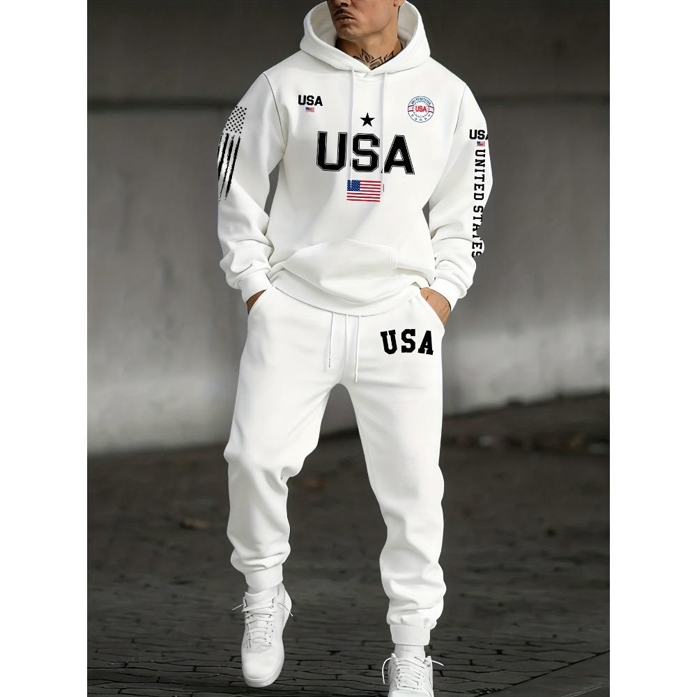 Men's Casual Suit, Printed Drawstring Hoodie, with Pockets and Drawstring Running Pants, Fashionable Men's Must Have Cool Set