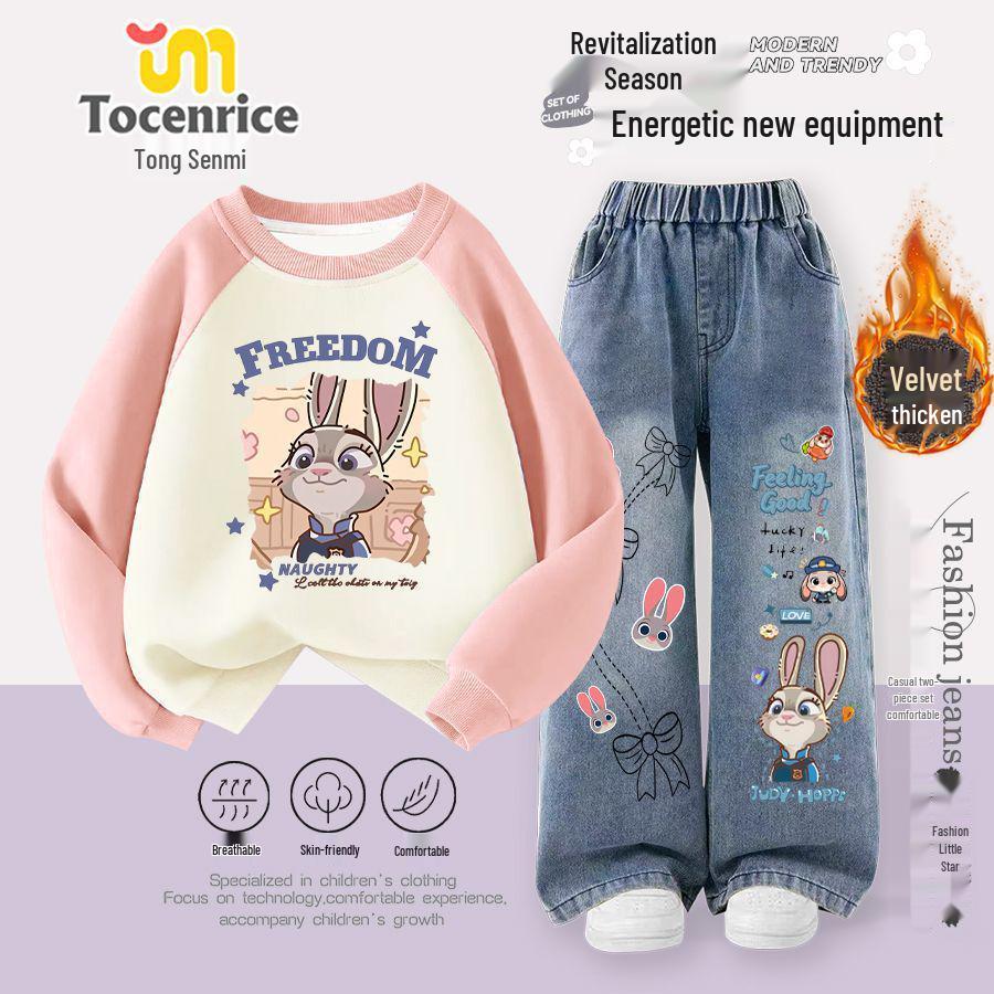 Zootopia Judy Autumn/Winter Girls' Two-Piece Set: Stylish Hoodie and Jeans for Trendy Medium To Older Children.