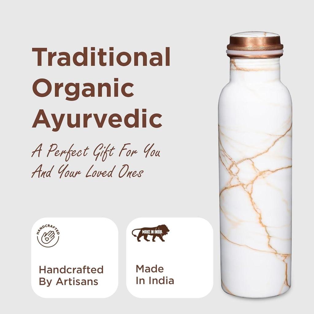 Copper Water Bottle 1 Litre Alkaline and Anti Oxidant 100% Leak Proof, Office, Modern Tamba Bottle  (White Golden Marble)