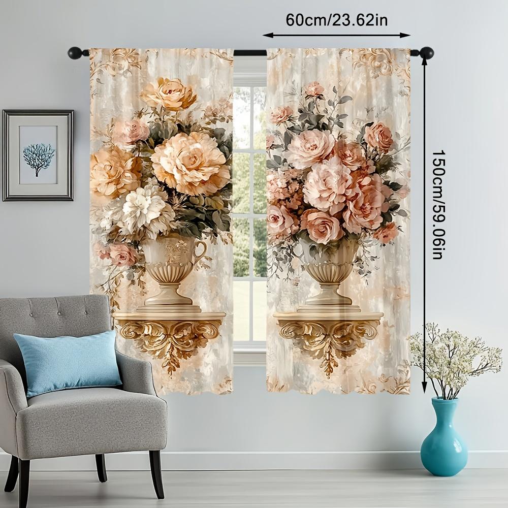 2Pcs Elegant Floral Bouquet Print Polyester Curtains With Rod Pocket – Perfect For Living Room, Bedroom, Office & Kitchen Decor