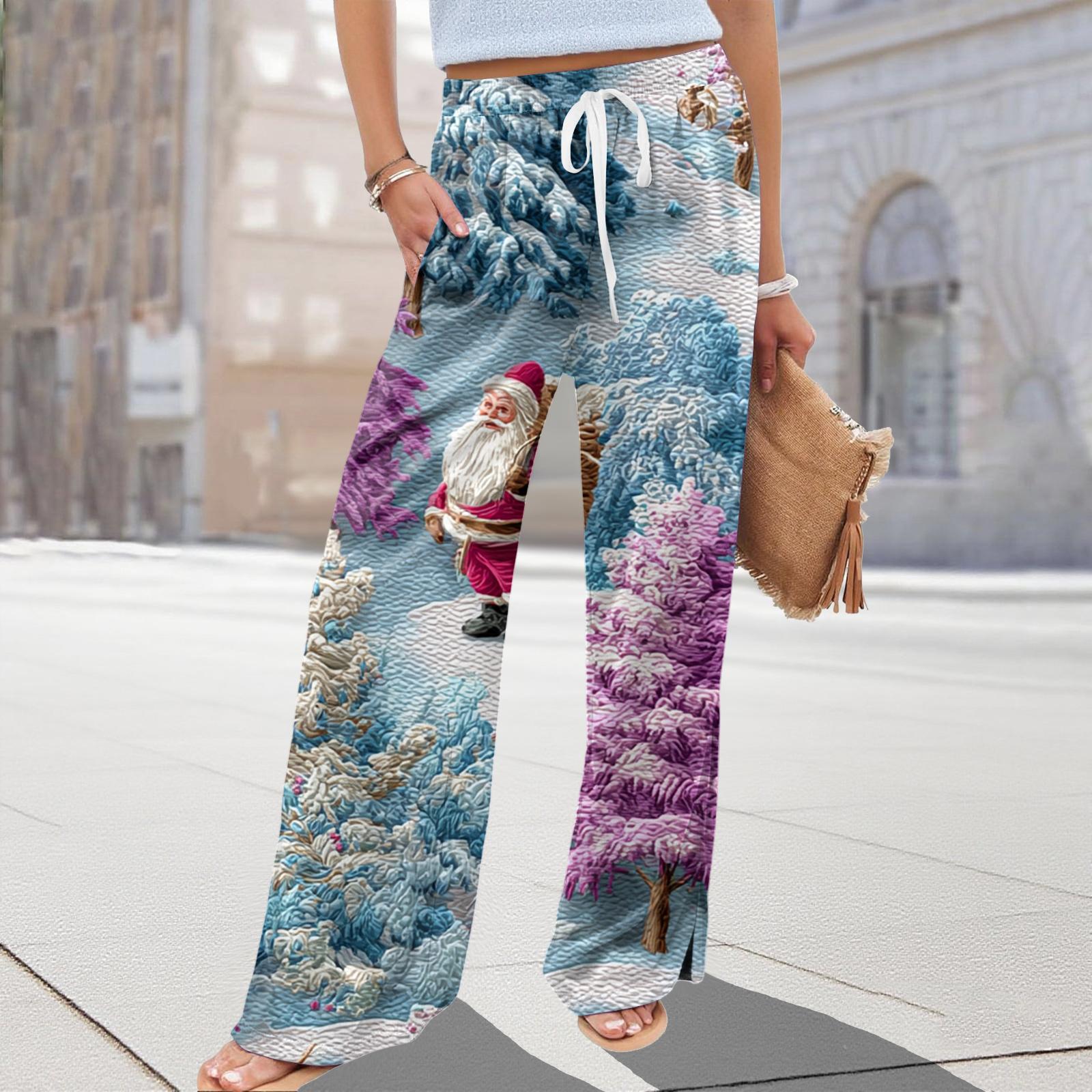 

Женские свободные и повседневные брюки с широкими штанинами с рождественским принтом, эластичным поясом, кулиской и карманом XXL