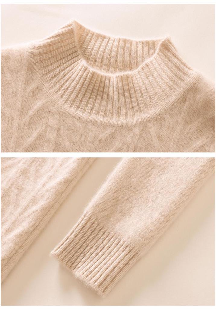 2024 Autumn/Winter Plus Size Cashmere Cable Knit Dress – Women's Mid-Length European/American Style with Half-High Neck