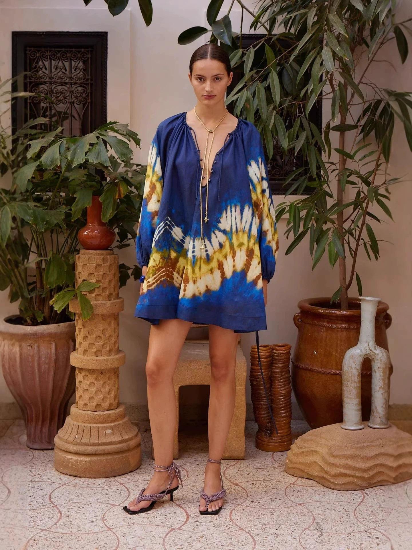 2026 Summer European and American Linen Print Drawstring Dress L