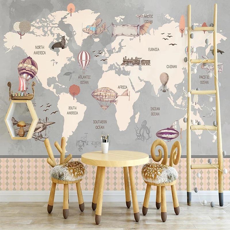 Retro World Map Large Mural Hand Painted Airplane Hot Air Balloon Children Room Boys Room Bedroom Photo Wallpaper Decor