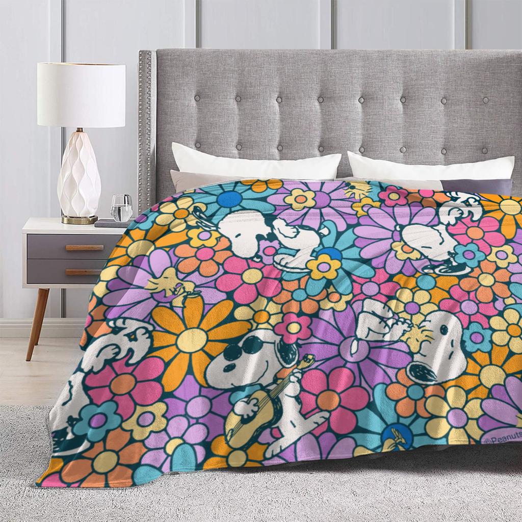 Snoopys & Woodstock Flower Pattern Blanket Wool Funny Breathable Throw Blankets for Home Restaurant Textile Decor,