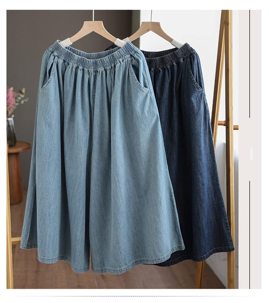 BEIBANG Denim Gaucho Pants with Elastic Cropped Casual Simple Plus Summer 24 Dark Women's Wide-Leg Waist, Pants, Bottoms, Style, Sizes, (Size Blue)