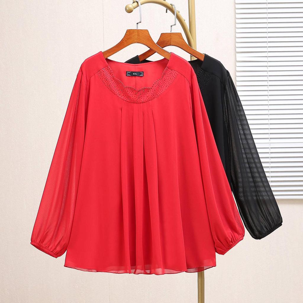 8087T Damröd chiffongblus i stora storlekar – Höst Lös passform Långärmad Slimmande topp