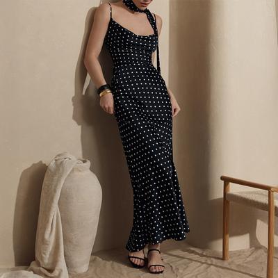 Summer New Polka Dot Halter Neck Tie Split Maxi Dress, Elegant Suspender Fishtail Long Dress for Women European American Style