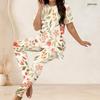 Women Plus Size Two Piece Set Round Neck Short Sleeve Floral Printed Long Top And Fitted Pants