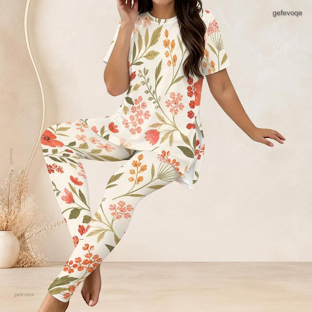 Women Plus Size Two Piece Set Round Neck Short Sleeve Floral Printed Long Top And Fitted Pants