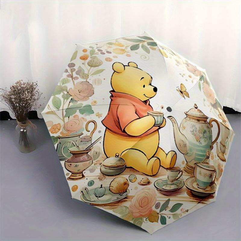 1pc Winnie the Pooh at Tea Pattern Beautiful Looking Automatic Folding Umbrella, 3 Folding, 8 Pole Frame Design, Durable and Suitable for Tr