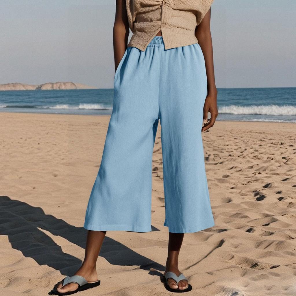 Women's Summer 3/4 Trousers Summer Trousers With Pockets Causal Loose Trousers Fabric Trousers Sport Leisure Beach Trousers