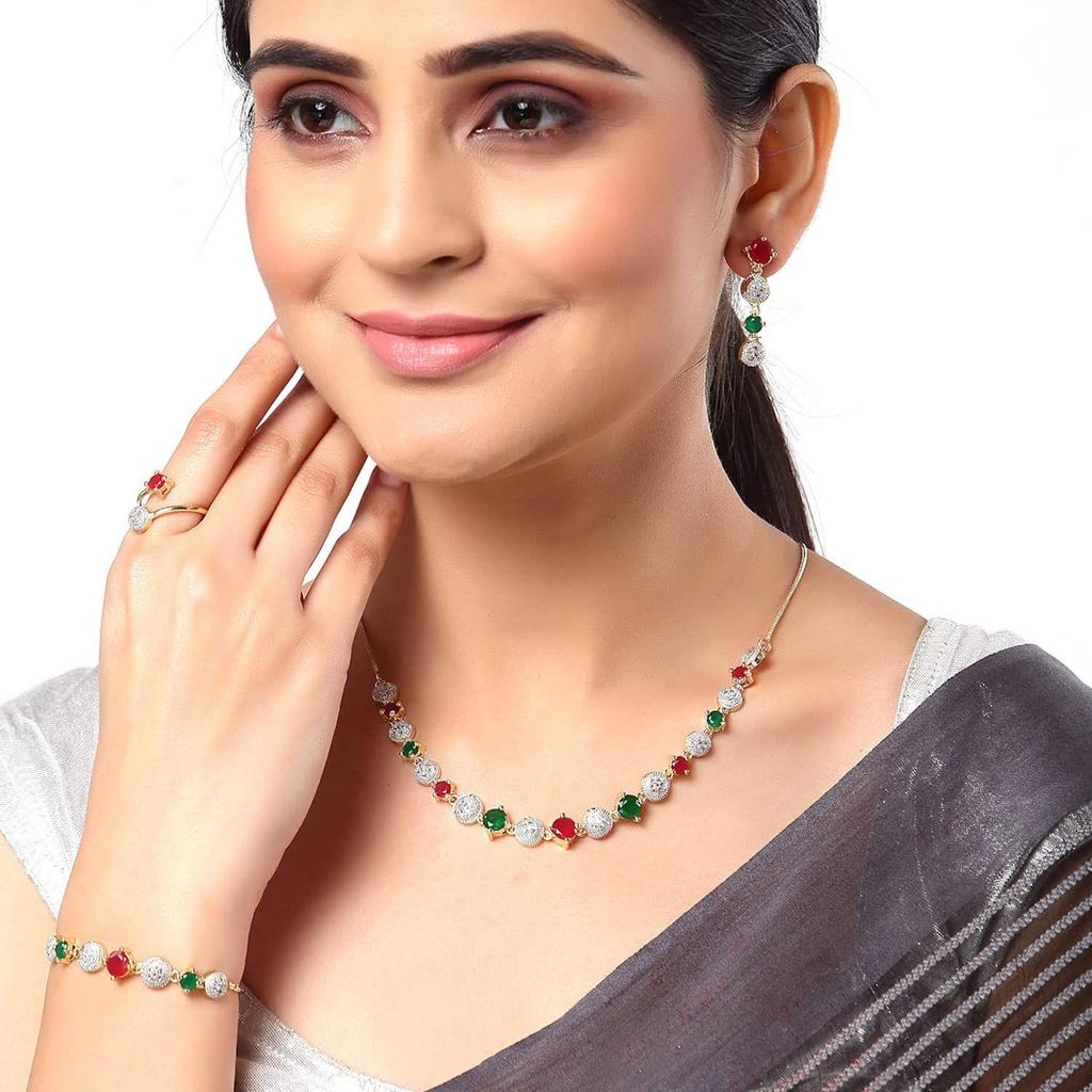 Jewellery Set for Women American Diamond Combo of Necklace Set with Earrings, Bracelet and Ring for Girls and Women