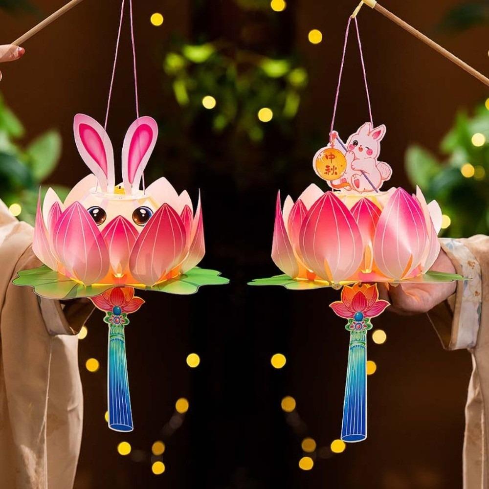 DIY Material Kit Luminous Lotus Lantern Portable Handmade Rabbit Lamp Cartoon Vintage Mid-Autumn Lantern Family Activity